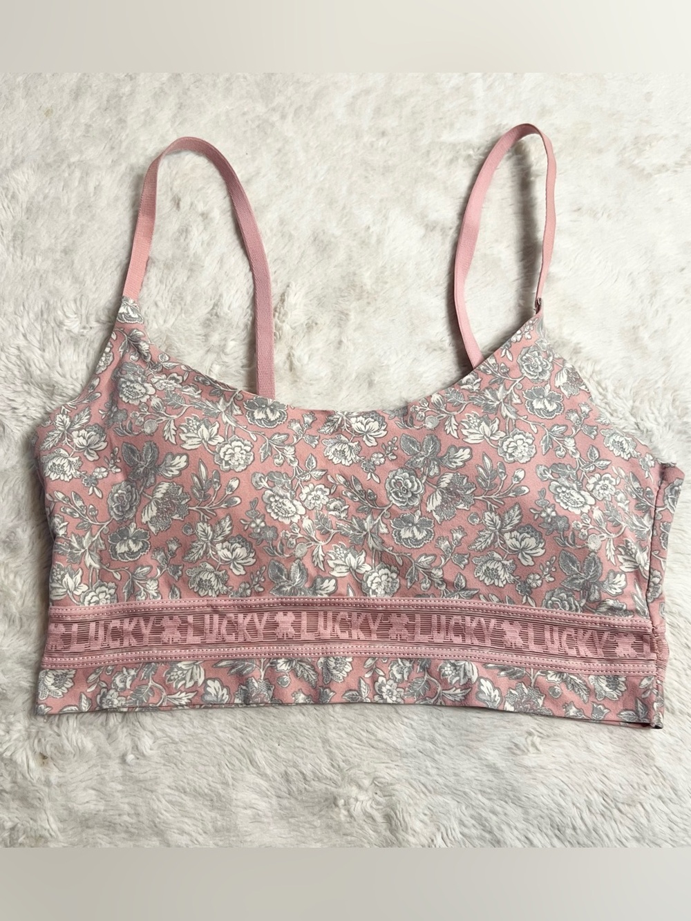 Lucky Brand Pink & Gray Floral Logo Band Bralette Size Medium Wireless Comfort